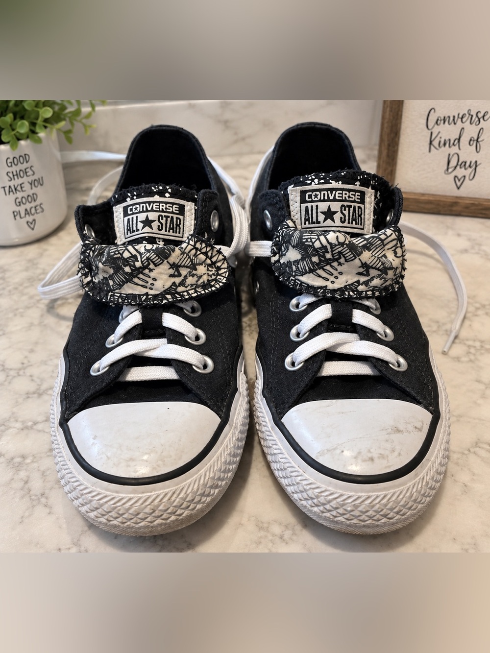 Converse Women’s Black & White Low Top Sneakers with Patterned Tongue
